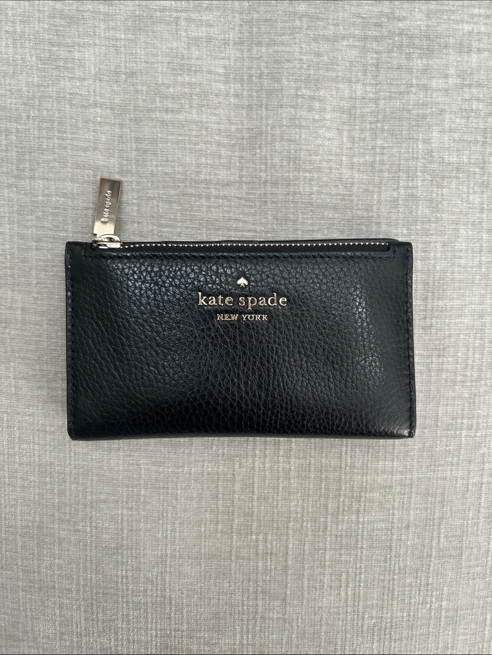 kate spade Black Pebble Leather Zip Card Case with Gold Logo